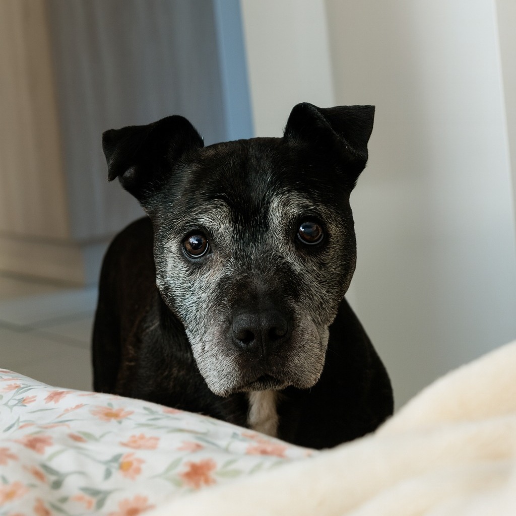 Stray Dog Walks Into a Stranger’s Home and Finds a New FamilyThe afternoon sun was pouring through the open door when Kayla Sargeant heard a faint sound behind her.  She turned around, expecting to see one of her roommates — but instead, a gray-faced pit bull stood quietly in the doorway, staring up at her like he’d been invited.  For a moment, she froze.  The dog looked worn out and dusty, his fur matted from the outside world. But there was something gentle in his eyes — a look that asked for nothing more than kindness.  A Surprise Visitor Walks Through the Door Kayla crouched down, softly speaking to him. He wagged his tail, stepped forward, and leaned his head into her hands as if they’d known each other forever.