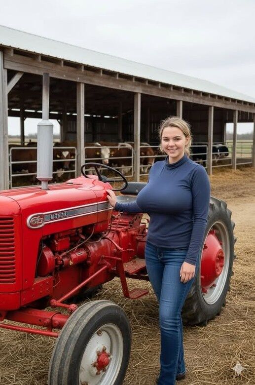 “Hot ride! In a pink summer dress on the John Deere at 35°C